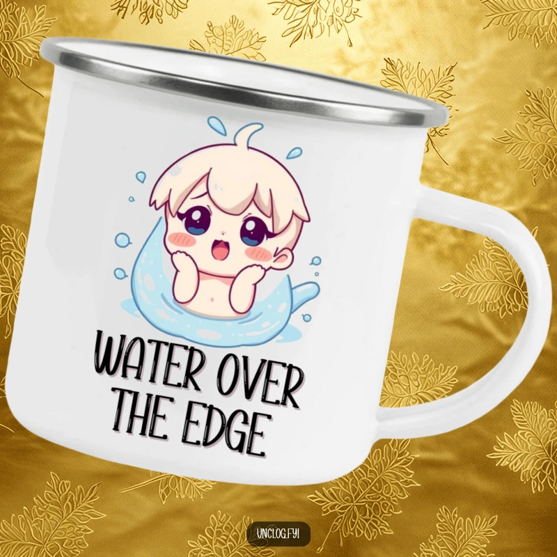 Funny camping mug with a character showing a surprised smile while looking at overflowing water, for the adventurous and prepared.