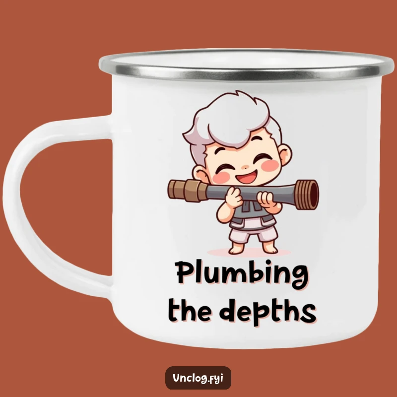 Funny Plumber's Campfire Mug: Happy Character Fixing Pipe Outdoors, Perfect Funny Gift