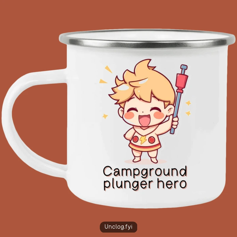 Funny Plunger Campfire Mug: Triumphant Character's Joyful Plunge, Perfect Funny Gift