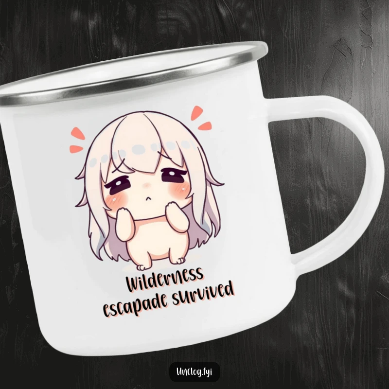 Funny character wiping sweat from its brow with a relieved sigh on a camping mug, symbolizing hard work and outdoor accomplishment.