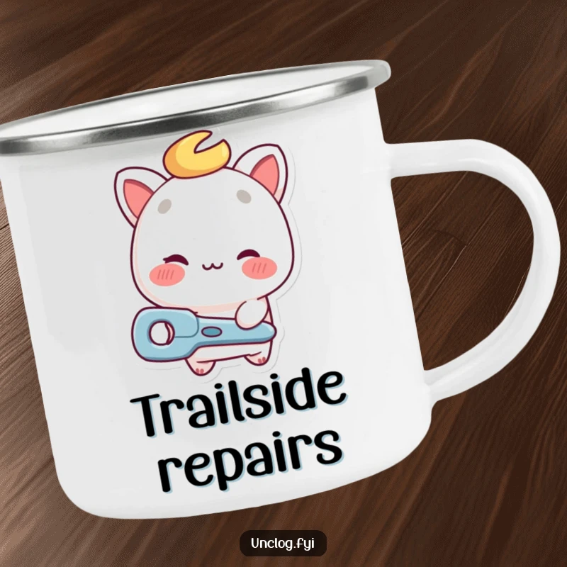 Funny repair guy camping mug showing a winking character offering a tool, perfect for outdoor repairs.