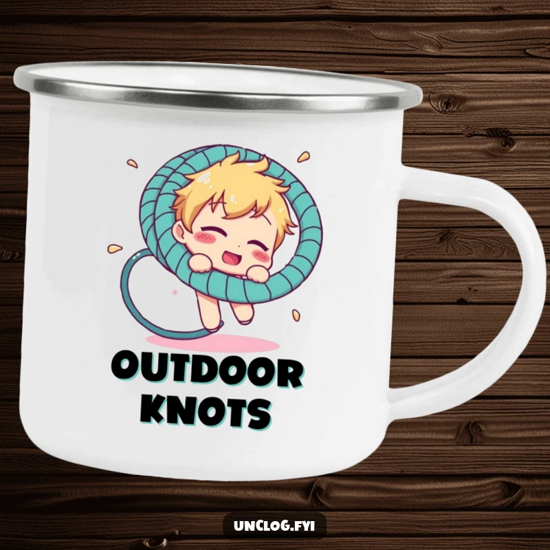 Funny camping mug with a character comically tangled in a garden hosepipe, designed for outdoor adventures and humorous tales.