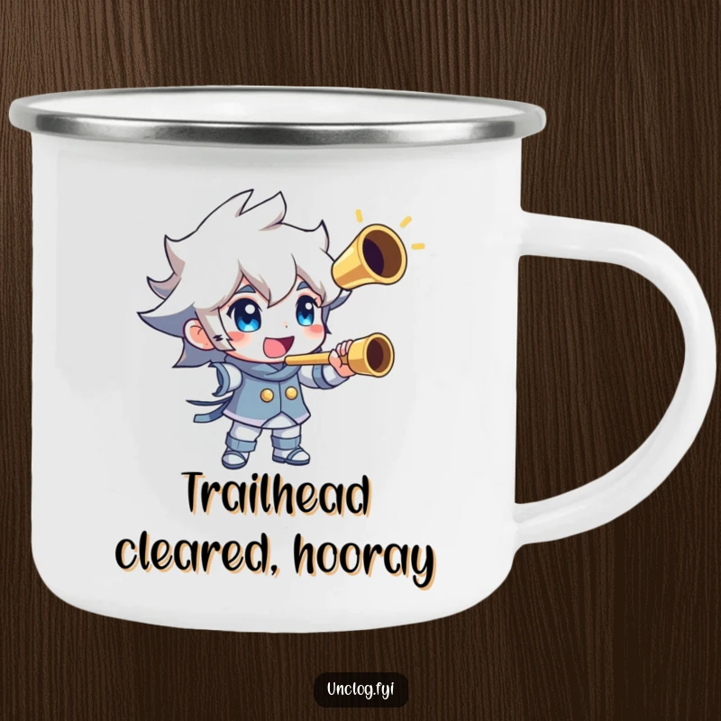 Funny camping mug with a character triumphantly holding a shiny, unclogged pipe. Durable and humorous for outdoor adventures.