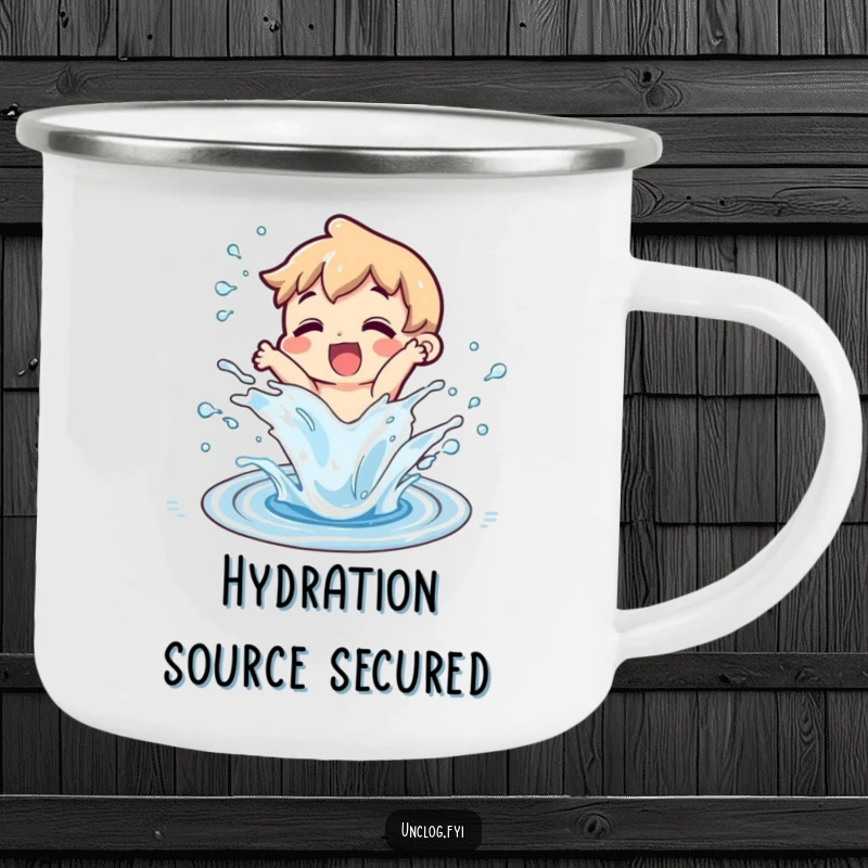 Funny character splashing water from an unclogged drain on a camping mug, symbolizing relief and outdoor fun.