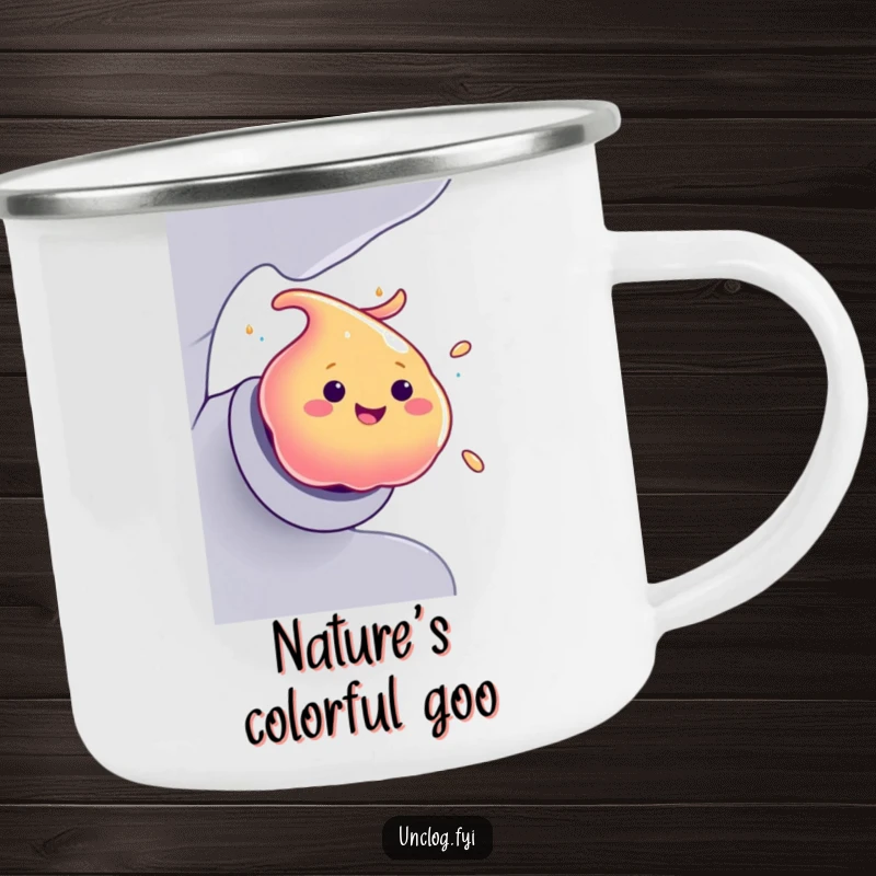 Funny Camping Mug featuring a smiling blob of colorful goo making a swift, humorous exit from a pipe.