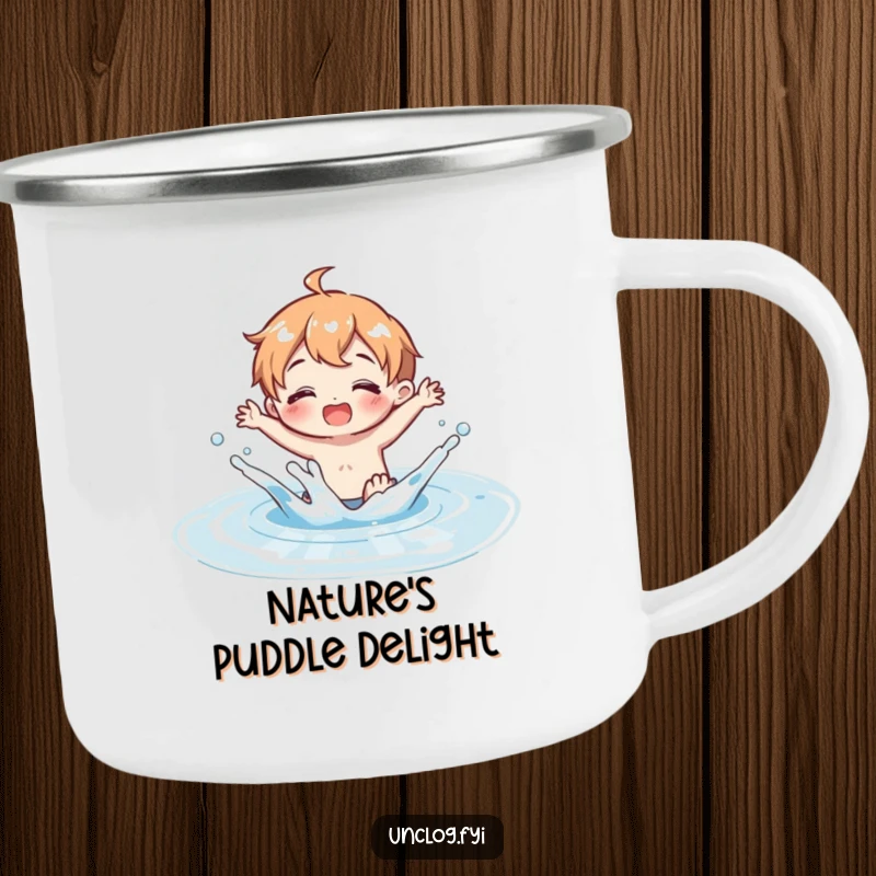 Funny Camping Mug showing a character splashing in a clean water puddle, perfect for outdoor adventures and cheerful mornings.