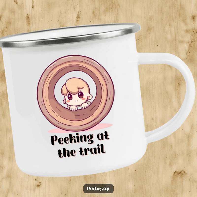 Funny enamel camping mug featuring a character peeking around a pipe, ideal for adding humor to outdoor beverages.