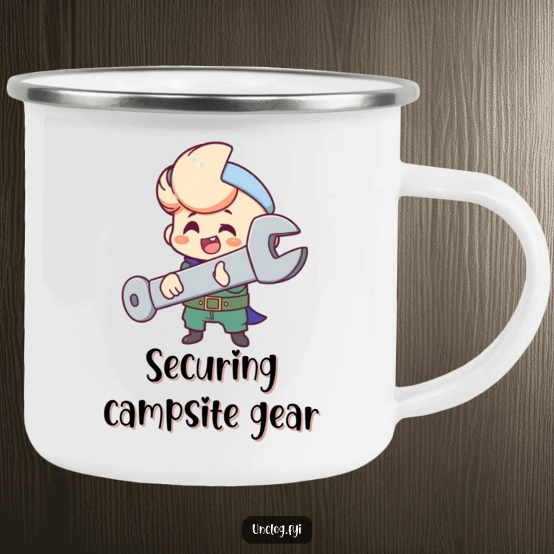 Funny camping mug showing a character happily tightening a large bolt with a wrench.