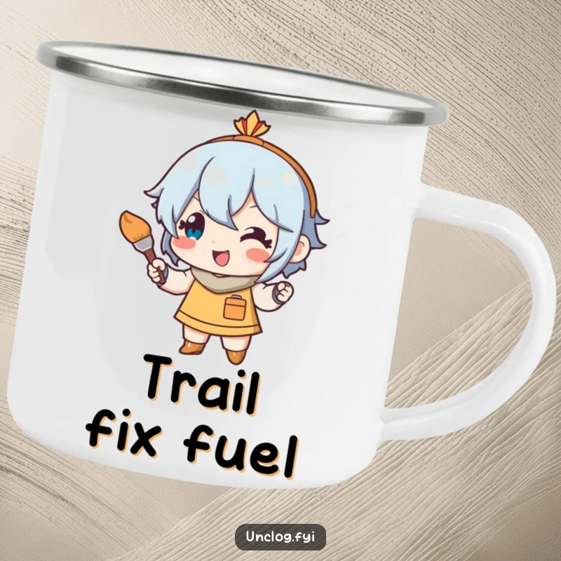 Funny camping mug showing a character happily using a small paintbrush for art touch-ups, ideal for creative minds on the move.