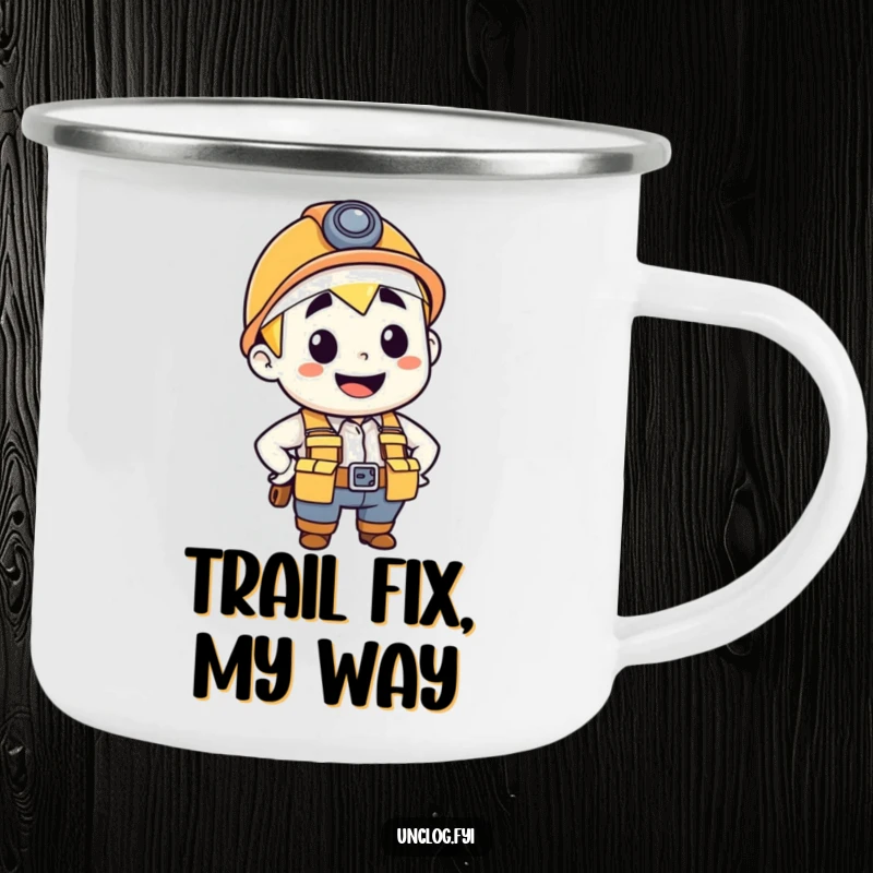 Funny camping mug featuring a confident, smiling plumber character in a tool belt, perfect for outdoor use.
