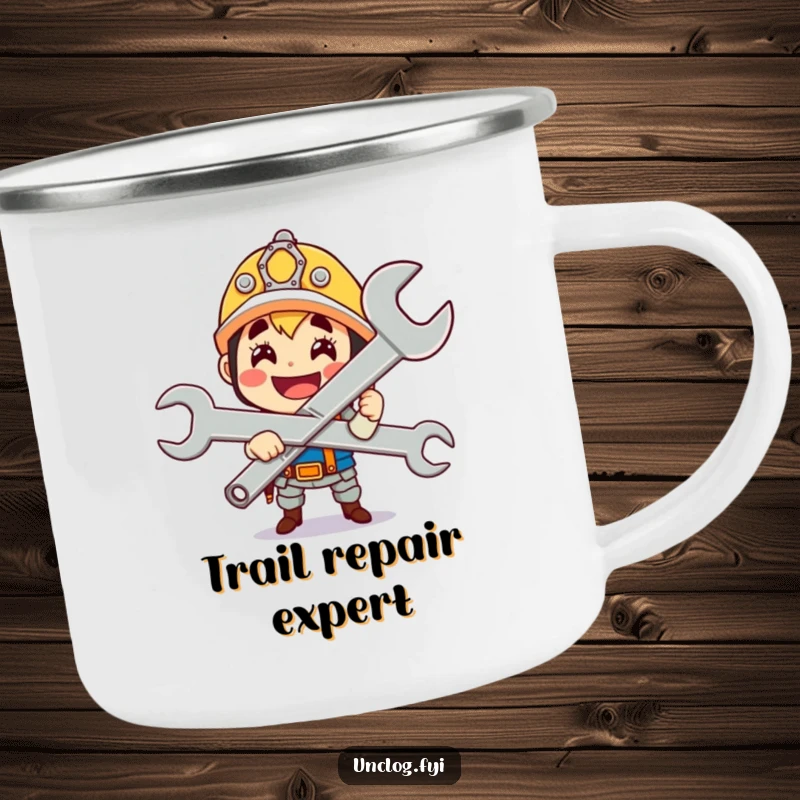 Funny cute character gleefully holding a giant wrench with a proud smile, on a rugged camping mug.