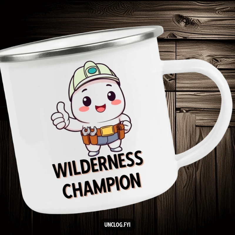Funny Camping Mug with a kawaii character giving a happy thumbs up with a tool belt, perfect for outdoor positivity.