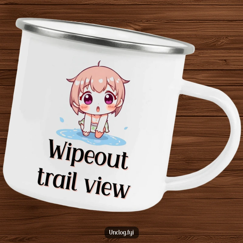 Funny camping mug featuring a character comically slipping on a puddle during an outdoor scene. A durable and humorous travel companion.
