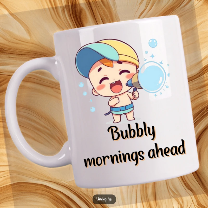 Funny mug showing a character joyfully spraying a stream of colorful bubbles from a nozzle. Evokes happiness and fun.