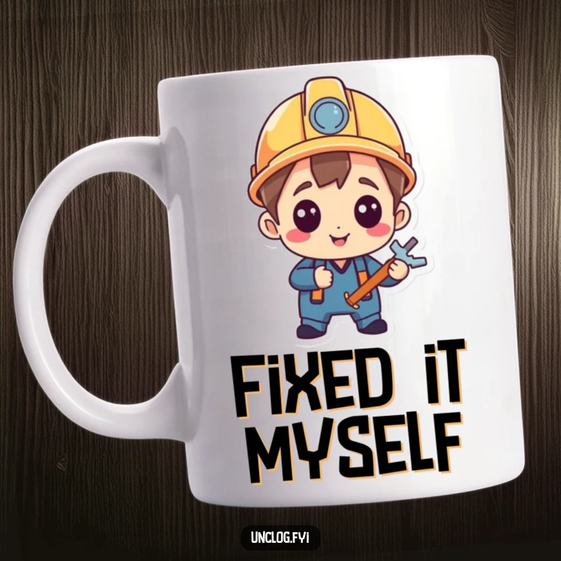 Funny Mug featuring a character in a hard hat, beaming with pride after completing a satisfactory repair, full of self-satisfaction.
