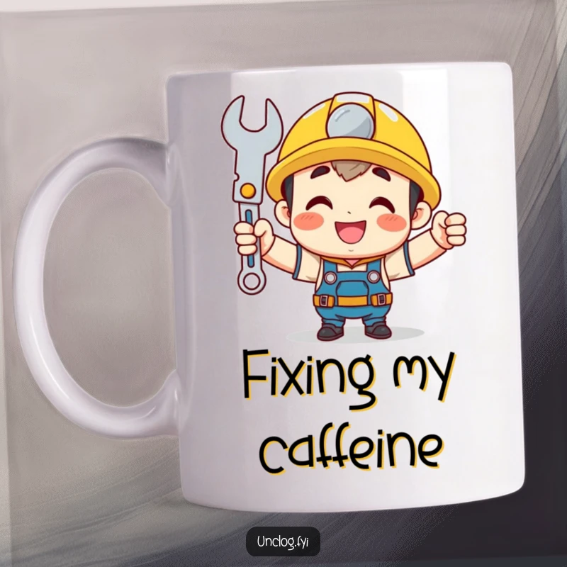 Funny mechanic mug featuring a cute character joyfully holding up a shining wrench with a proud smile, embodying DIY pride.