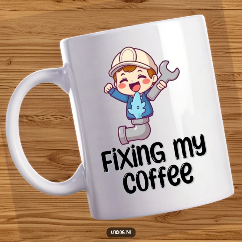 Funny mug depicting a cute character gleefully holding a wrench above a gushing pipe icon, symbolizing successful repairs.