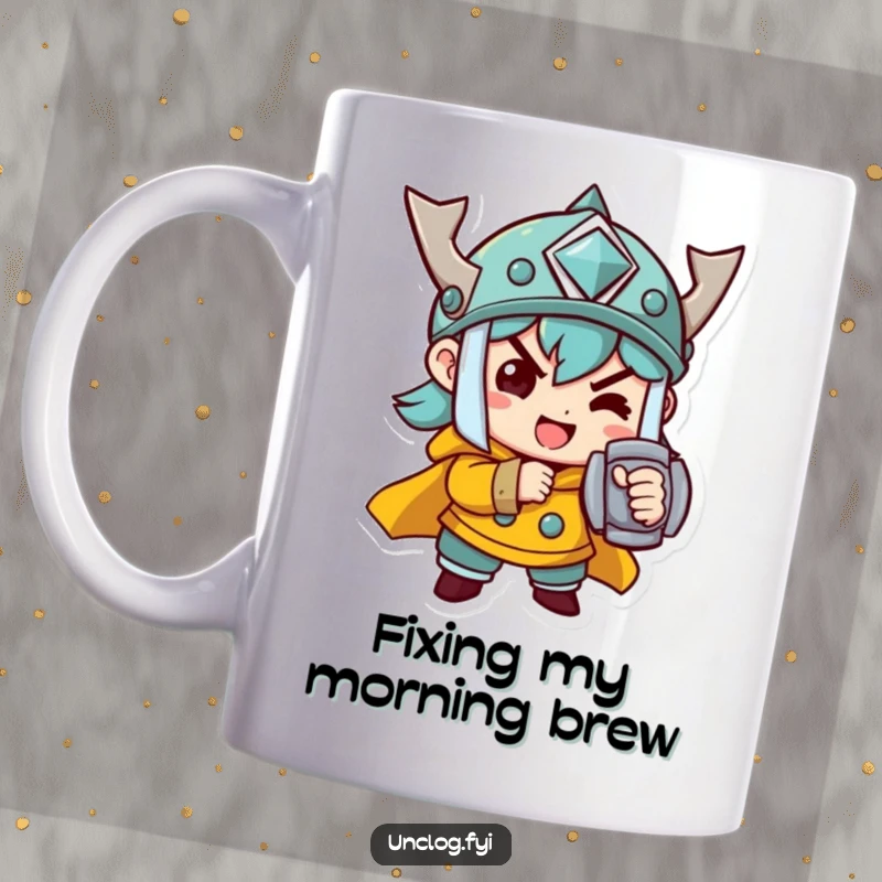 Funny Mug: A cheerful character is determinedly tightening a bolt, showcasing focus and a positive attitude towards tasks.