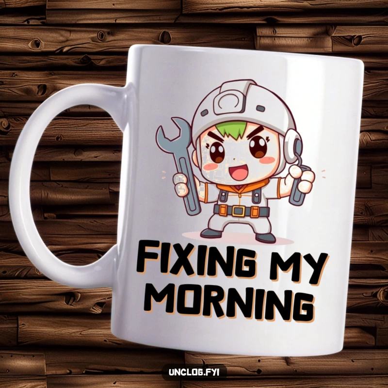Funny Mug of a cute character determinedly holding a wrench, ideal for a funny gift.