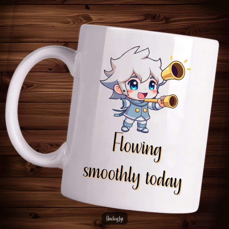 Funny mug depicting a character triumphantly holding a shiny, perfectly unclogged pipe. Celebrates success and plumbing achievements.