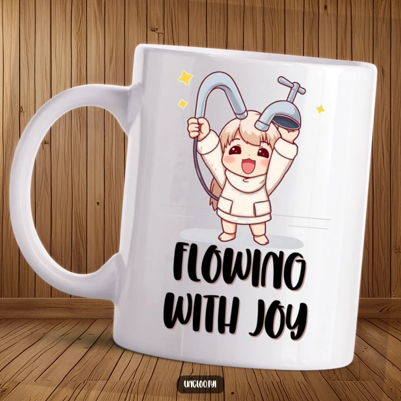 Funny mug depicting a character triumphantly holding up a shiny new faucet, celebrating a plumbing success.