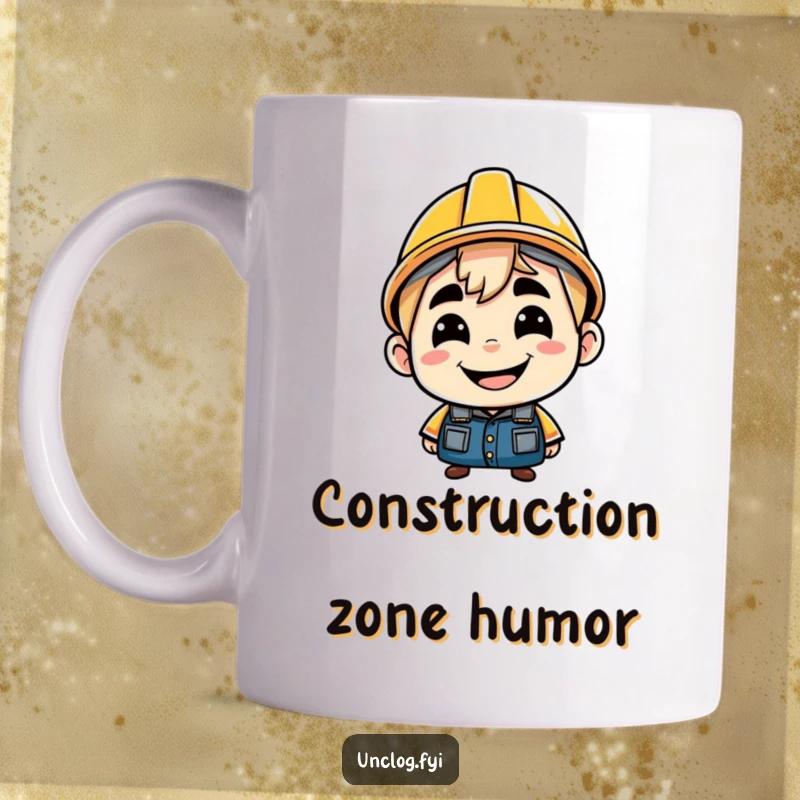 Funny mug showing a character with a cheeky grin, wearing a hard hat backwards. Conveys playful rebellion and confidence.