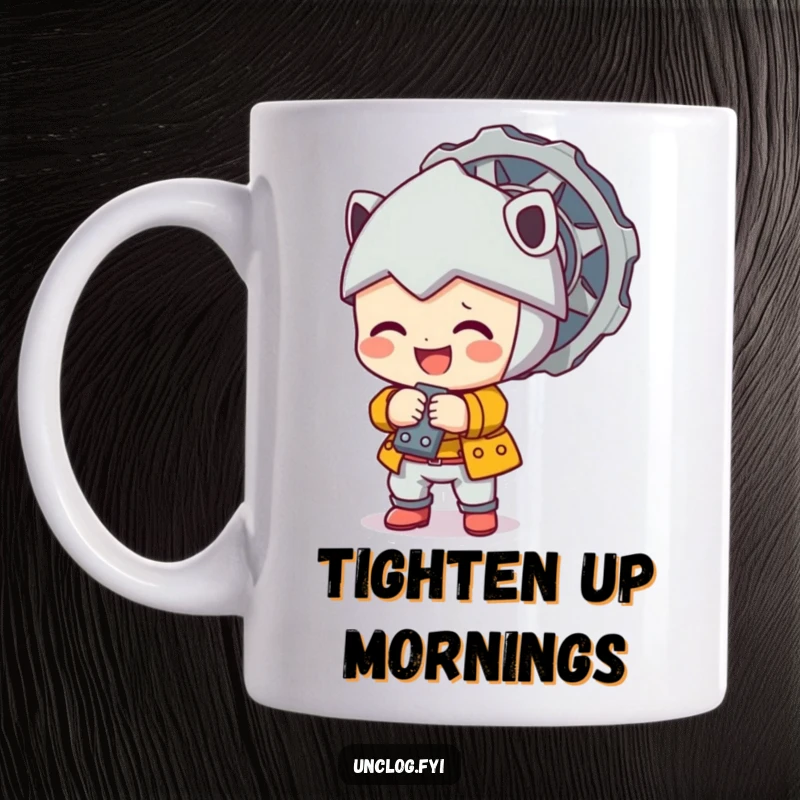 Funny cute character happily tightening a large bolt, looking focused and cheerful on a coffee mug.