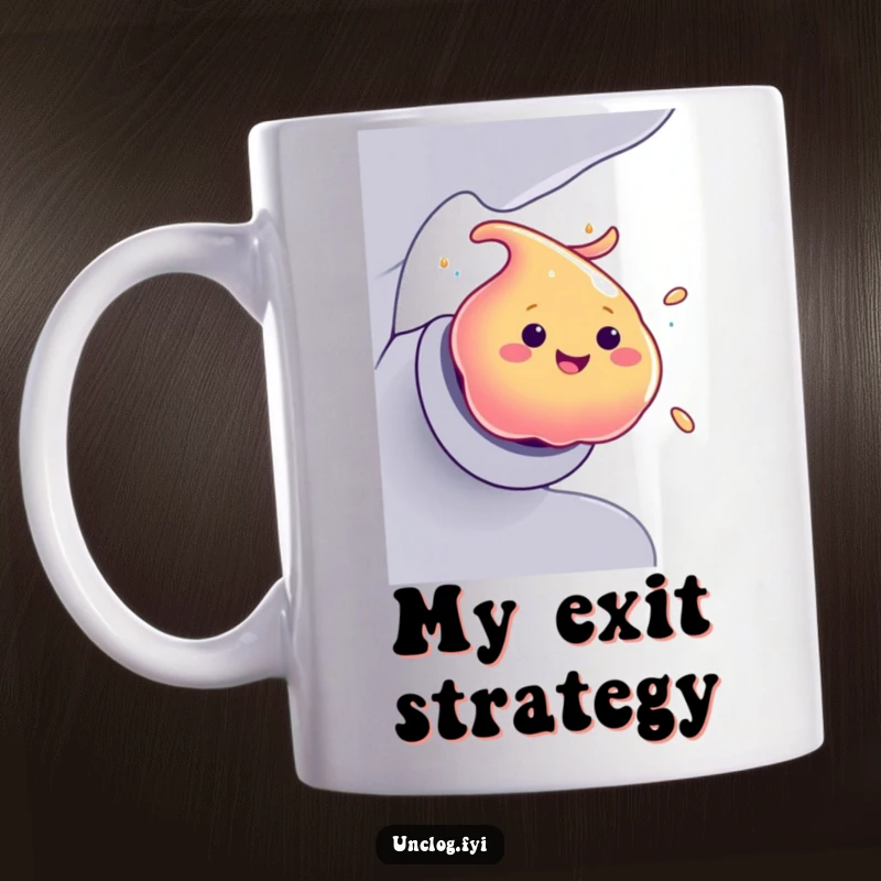 Funny Mug featuring a smiling blob of colorful goo making a swift and humorous exit from a pipe.