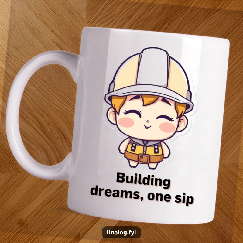 Funny character mug wearing a hard hat and giving a sly wink, conveying confidence and playful expertise.