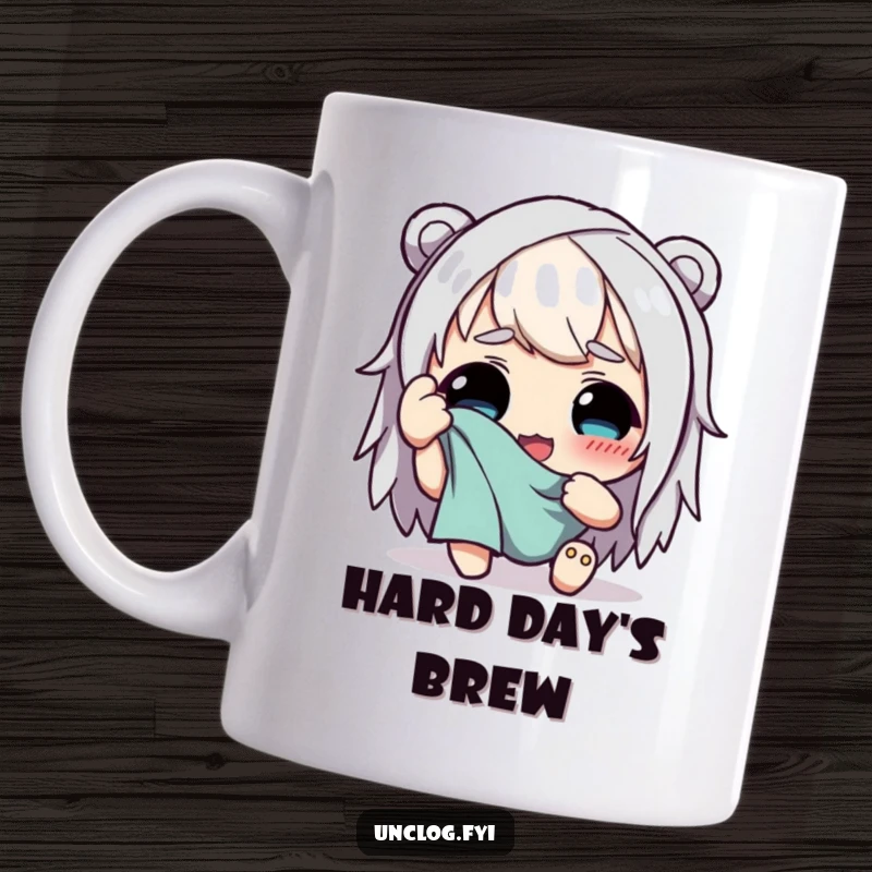 Funny mug showing a character happily wiping sweat from their brow with a rag, expressing relief and satisfaction after hard work.