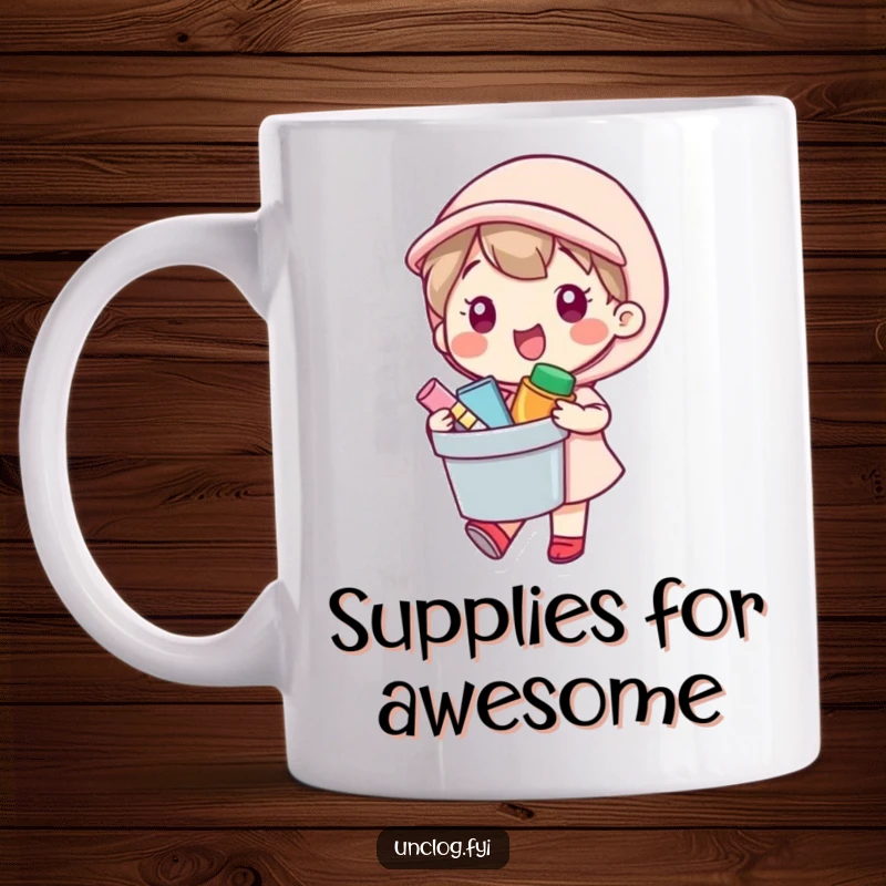 Funny Kawaii character happily carrying a bucket of supplies, radiating helpfulness and cheerful energy.
