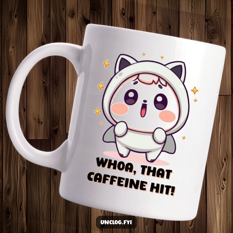 Funny Kawaii Mug featuring a shocked character with wide eyes and sparks erupting around them, expressing sudden surprise and delight.