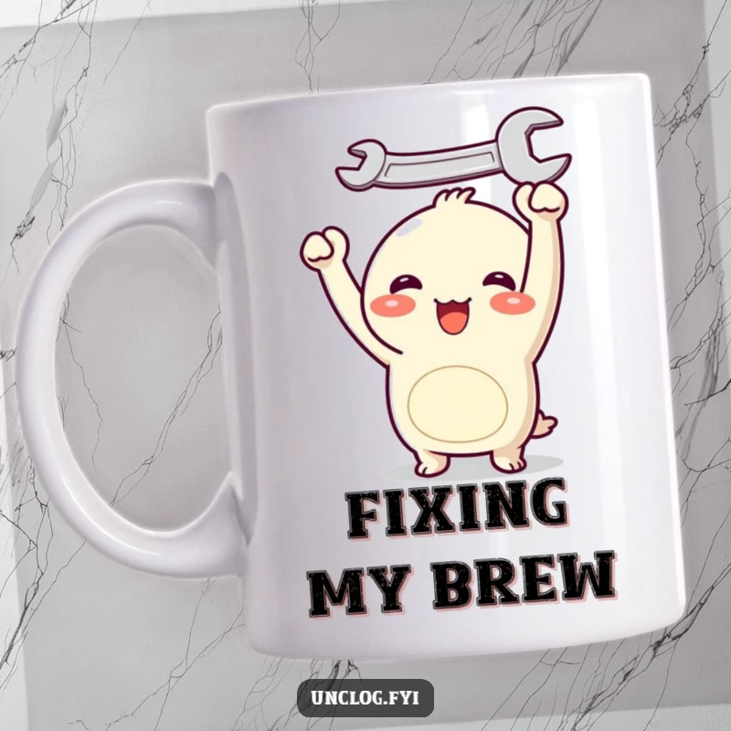 Funny Kawaii mug featuring a cute character joyfully holding a wrench above its head, symbolizing enthusiasm and a DIY spirit.