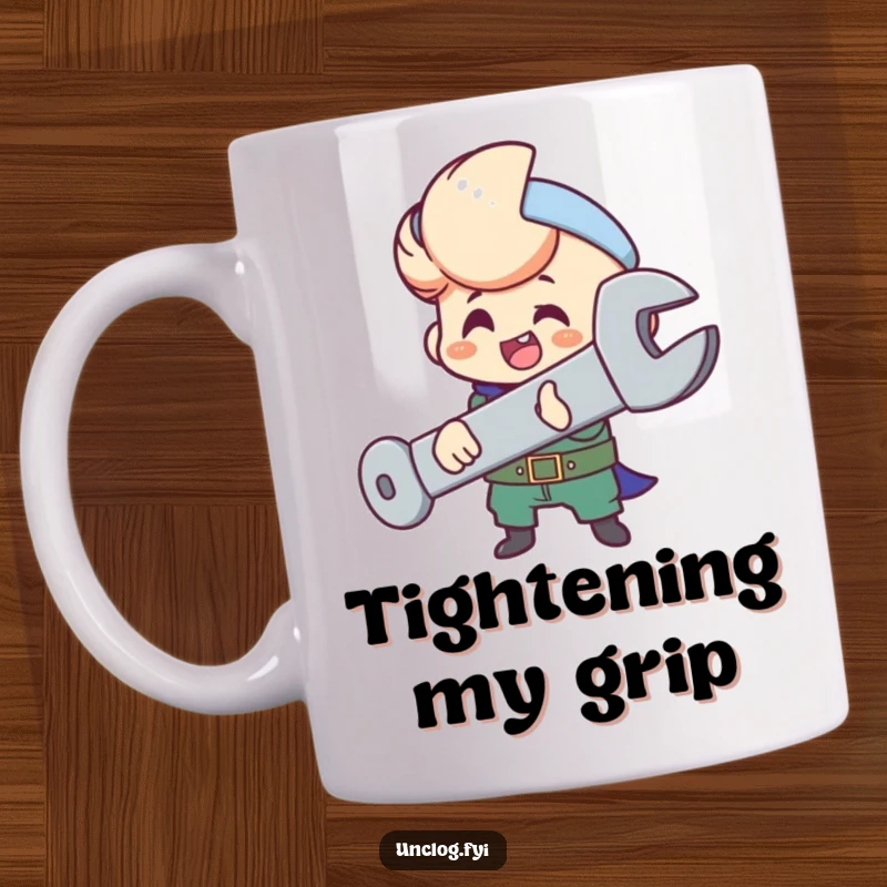 Funny mug showing a character happily using a large wrench to tighten an oversized bolt, conveying satisfaction.
