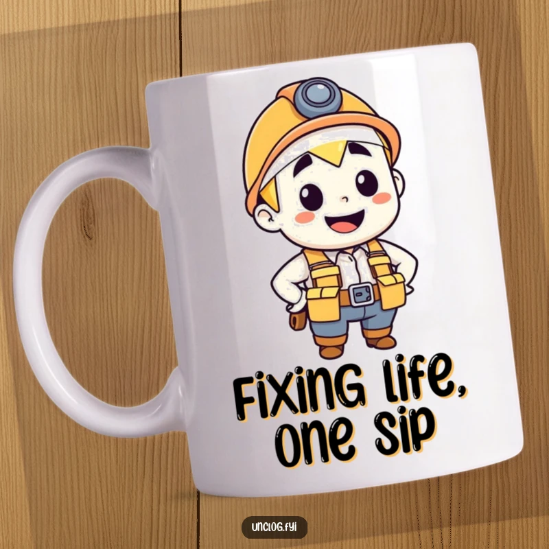 Funny mug depicting a happy plumber character in a tool belt, smiling confidently, ready for work.