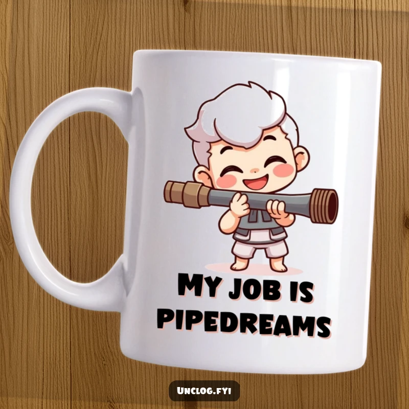Funny mug with a smiling character happily and expertly tightening a pipe with a wrench, showing cheerful determination in their task.