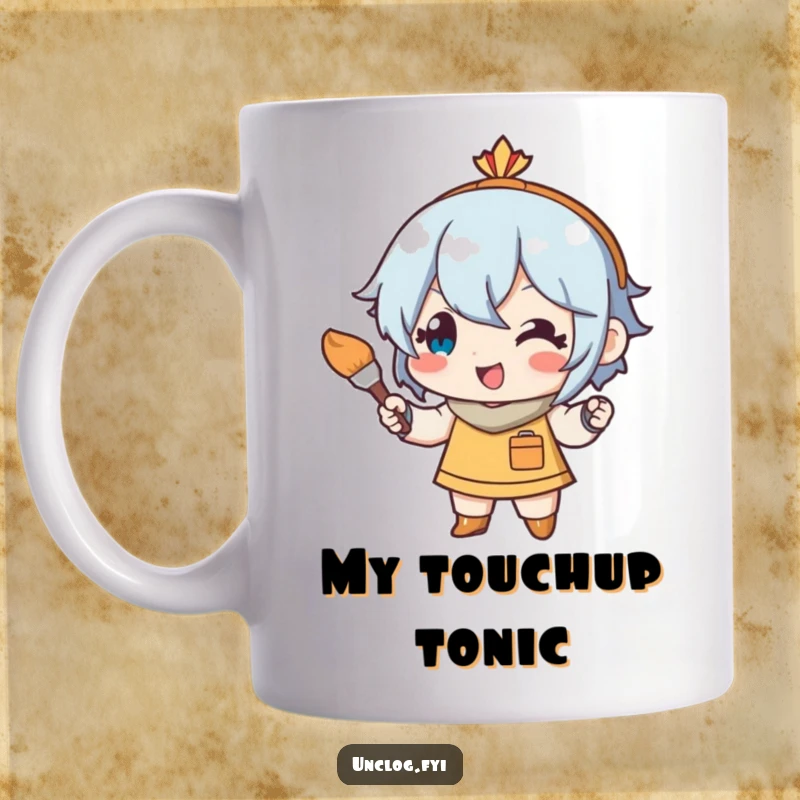 Funny mug featuring a cheerful character with a tiny paintbrush, meticulously touching up art, conveying joyful creativity and precision.