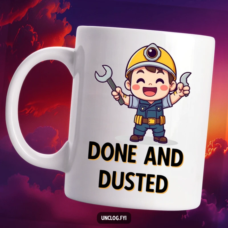 Funny victory mug featuring a character doing a joyful dance with a wrench, celebrating a job well done.