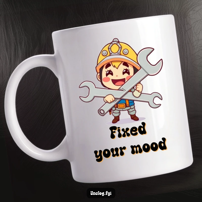 Funny cute character gleefully holding a giant wrench with a proud smile, perfect for a funny mug.