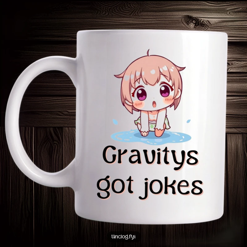Funny mug showcasing a surprised character comically slipping on a wet puddle, highlighting a moment of unexpected, hilarious chaos.