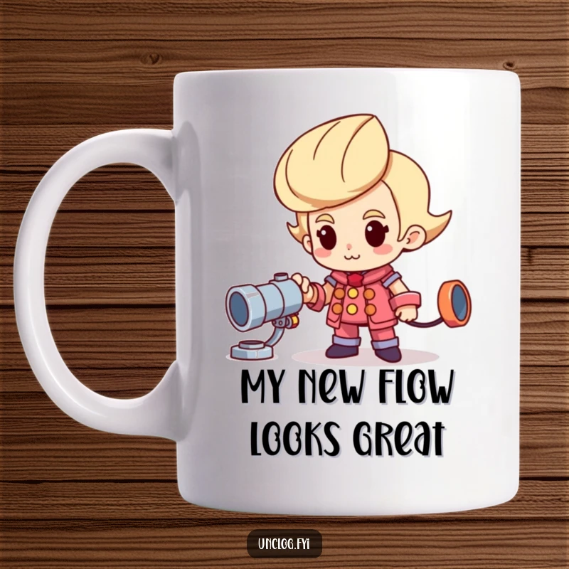 Funny mug featuring a proud character standing beside a shiny new pipe, showcasing accomplishment and plumbing pride.