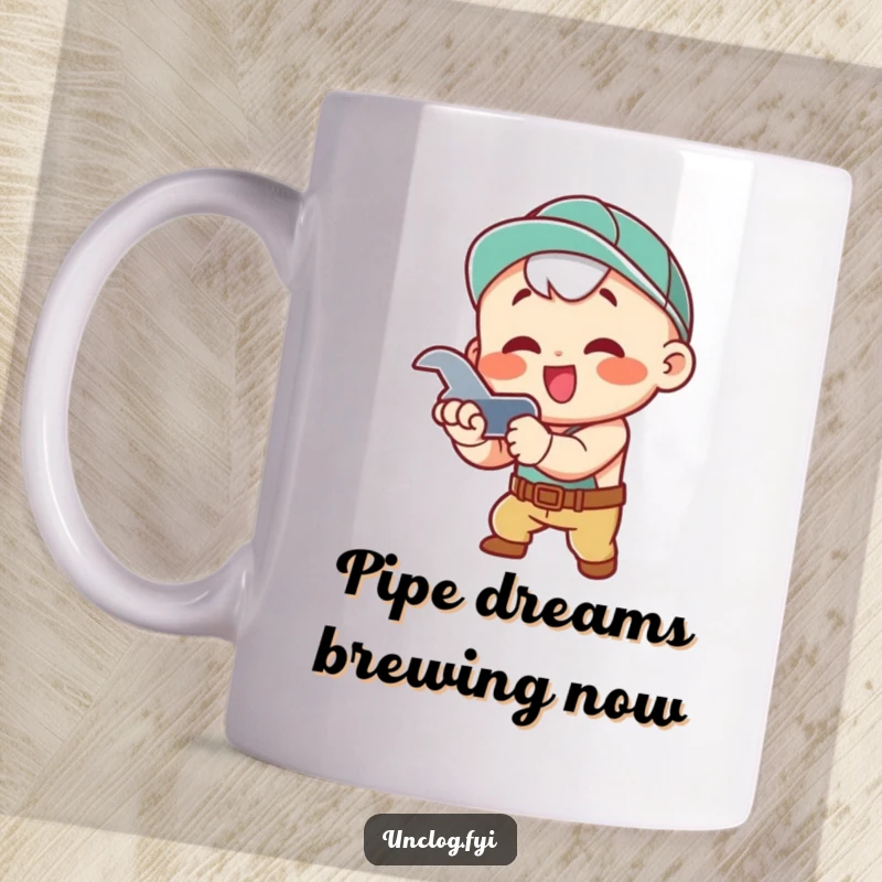 Funny Kawaii character enthusiastically tightening a pipe with a wrench, showing dedication and a touch of adorable humor for DIY lovers.