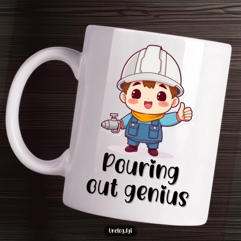 Funny character wearing a hard hat, triumphantly holding a spigot, perfect for a funny mug.