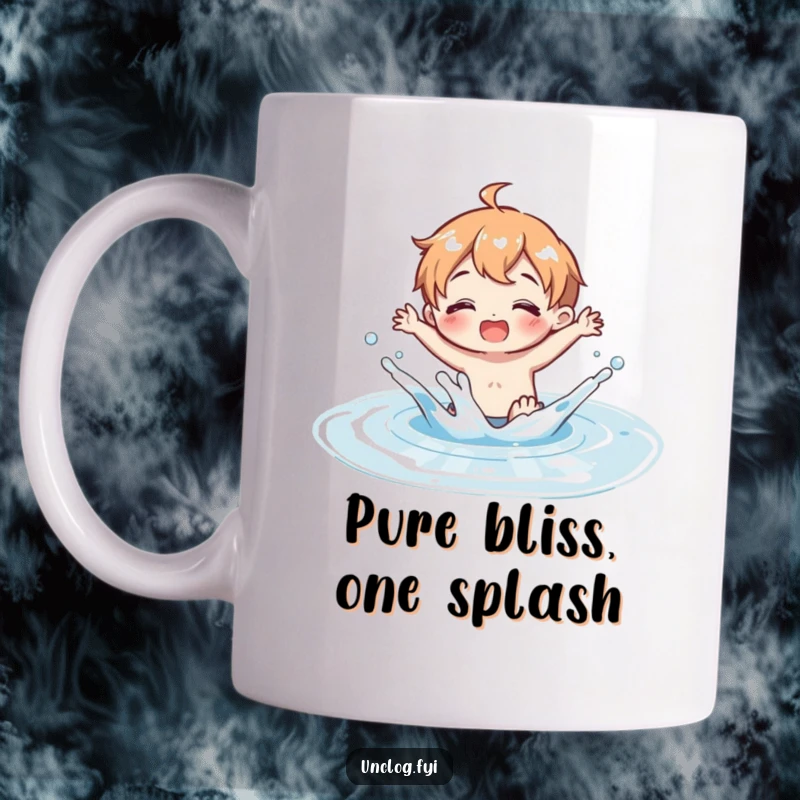 Funny Mug featuring a character gleefully splashing in a clean water puddle, embodying pure joy and carefree fun.