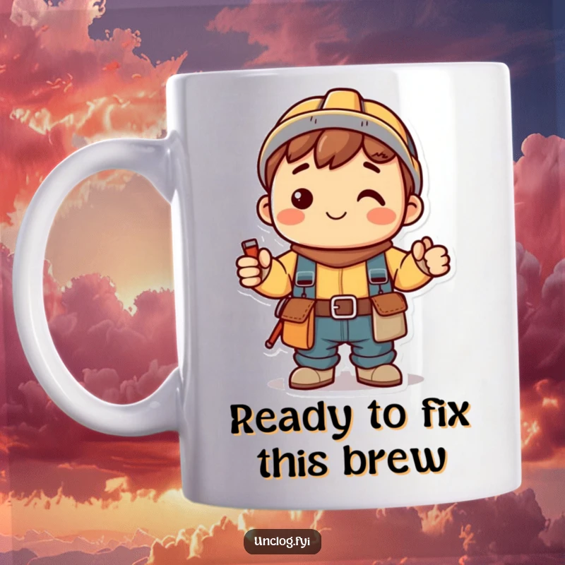 Funny Kawaii Mug featuring a cheerful character with a tool belt, smiling confidently, ready for any task, symbolizing handy helpfulness.