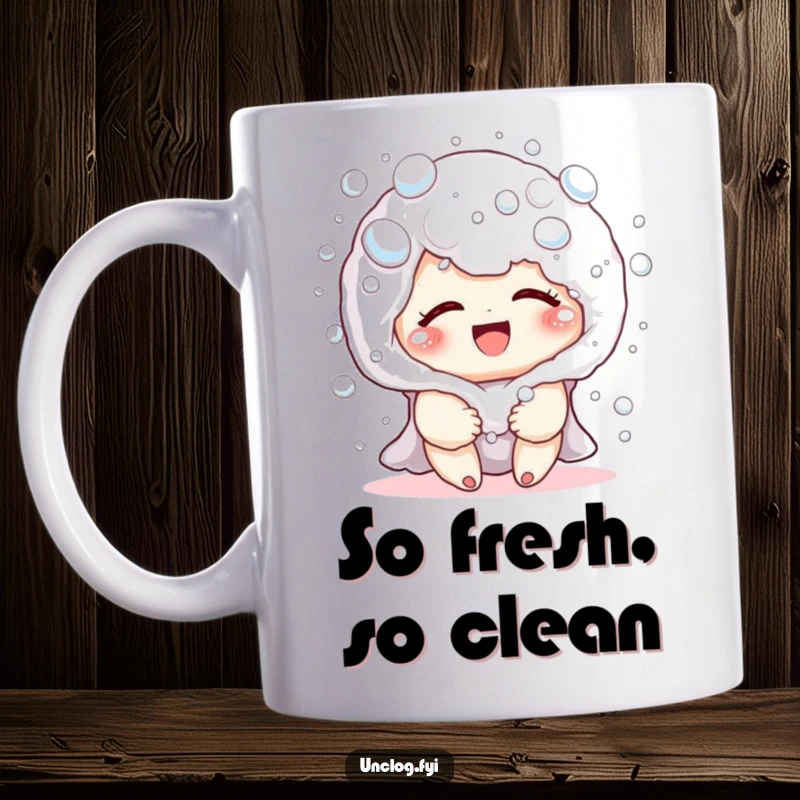 Funny mug with a cute character covered in playful, harmless soap bubbles, giggling with pure delight during bath time.