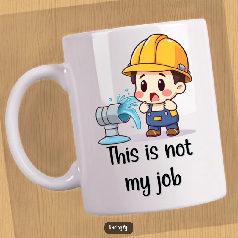 Funny hard hat mug showing a shocked character facing a sudden, gushing water pipe leak, a comical plumbing disaster.