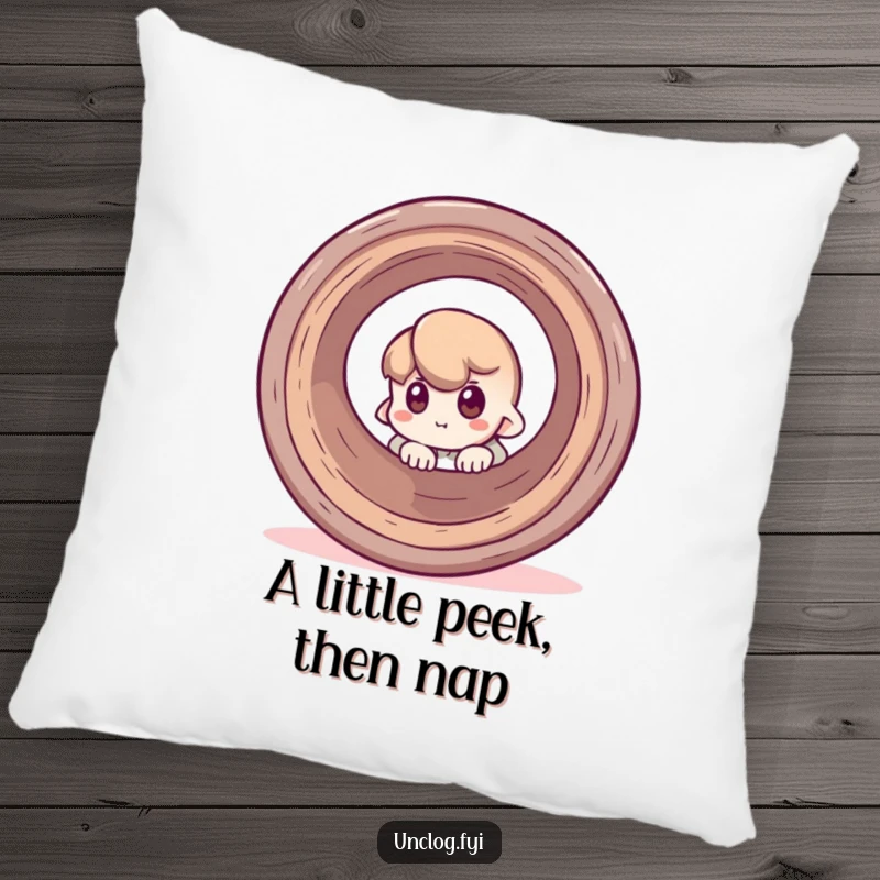 Funny pillow featuring a character peeking around a large pipe, adding a playful and curious element to home decor.