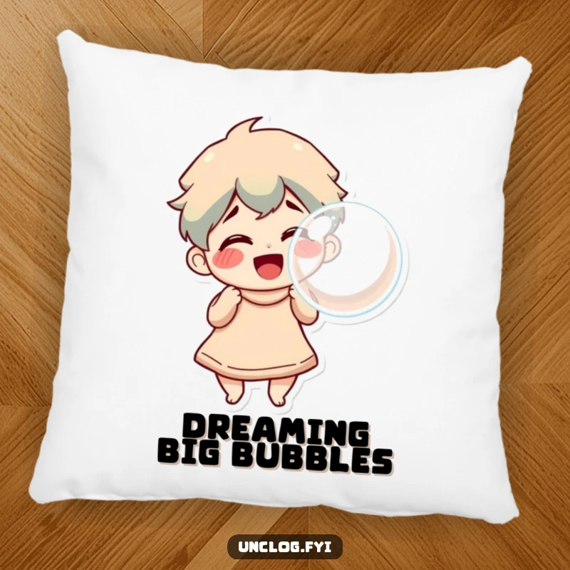 Funny Pillow featuring a character blowing a large, triumphant bubble, offering comfort and a sense of playful, bubbly joy.
