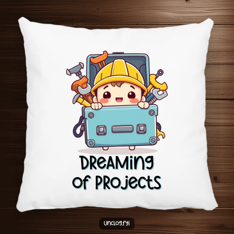 Funny pillow with a character carrying a toolbox packed with shiny tools, offering comfort and a nod to craftsmanship.